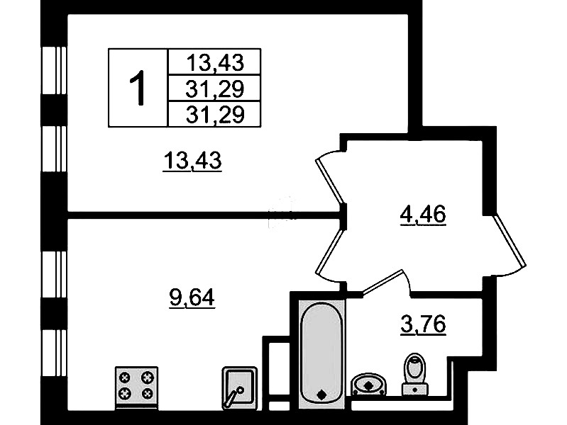 1-комнатная квартира 31.29 м², 5/12 эт., ЖК «Новые Лаврики»
